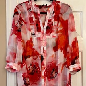 Jones of NY size L- Sheer Floral-Print Button Front Women’s Top in Red & Pink